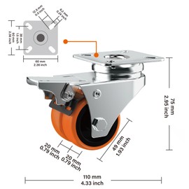 ASHGOOB Caster Wheels, 2inch Casters Set of 4 Heavy Duty, Two-Wheeled Orange TPE Casters with Brake, Double-Wheeled Swivel Plate Locking Castor Wheels Widely Used in All Kinds of Furniture.(4 Pack)