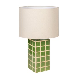 Creative Co-Op Green Grid Stoneware Table Lamp with Linen Shade