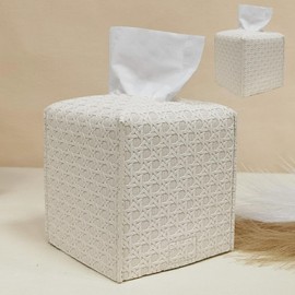 HOMOTEK HOMOTEK 2 Pack Tissue Box Cover,PU Leather Tissue Holder,Square Decorative Facial Tissue Cube Paper Organizer Dispenser for Bathroom, Night Stands, Desk, Car 5X5X5' - Rattan Weave, Ivory