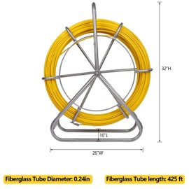 Fish Tape Fiberglass 6MM 425FT,Duct Rodder Fish Tape Puller Fiberglass Wire Cable Running with Cage and Wheel Stand,Durable Steel Reel Stand,Fish Tape Min Bending Radius 13inch (6mm 425Ft)