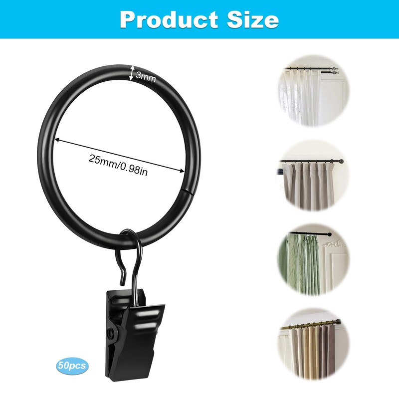 Curtains Ring Clip, Metal Curtain Ring with Hook, Sliding Eyelet