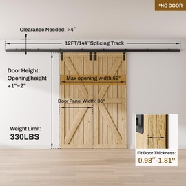 12FT/144'' Box Rail Sliding Barn Door Hardware Kit Aluminium Alloy Wall Mount, Smooth and Heavy Duty for Double Door (NO Door Panel)