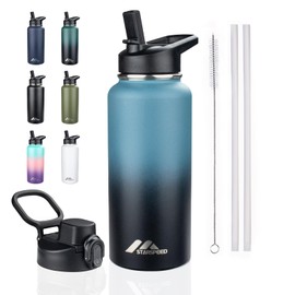 StarSpeed 32oz Insulated Water Bottle with Straws & 2 Lids, Stainless Steel Double Walled Vacuum Water Flask, Wide Mouth Sports Water Bottle for Gym Camping Hiking, Indigo Black