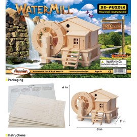 Puzzled 3D Puzzle Water Mill Set Wood Craft Construction Model Kit, Fun & Educational DIY Wooden Toy Assemble Model Unfinished Crafting Hobby Puzzle to Build and Paint for Decoration 65 Pieces Pack