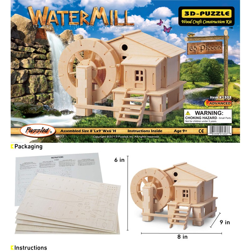 Puzzled 3D Puzzle Water Mill Set Wood Craft Construction Model