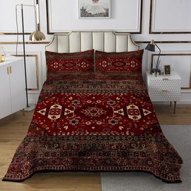Erosebridal Boho Tribal Quilt Queen, Retro Exotic Bedspread, Vintage Lattice Bohemian Coverlet, Dark Red Antique Grid Damask Inspired Medallion Egyptian Soft Luxury Quilted