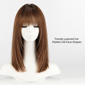 ELLORS Ombre Dark Brown 16inch Human Hair Wigs for Women Shoulder Length Layered Real Hair Wig with Natural Look and Bangs