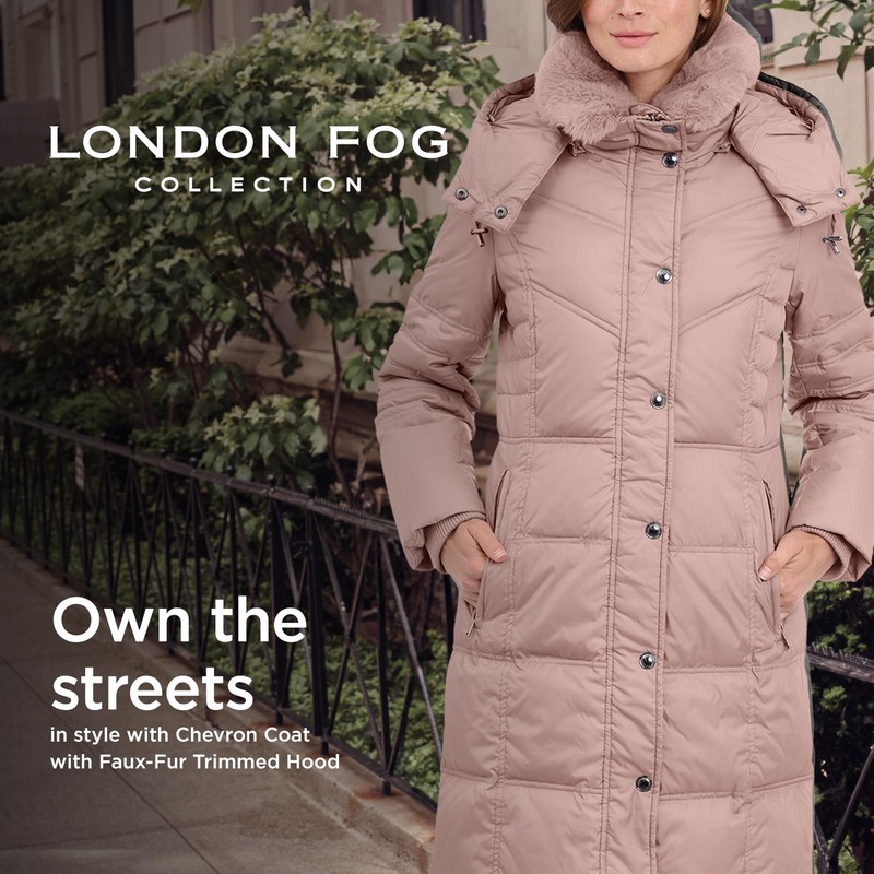 LONDON FOG Women's Chevron Coat with Faux Fur Trimmed Hood,