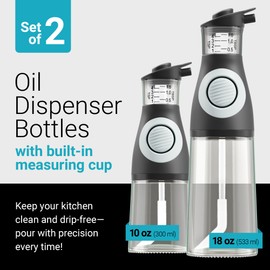 Belwares Oil and Vinegar Dispenser Set with Measuring Cup - 2 Glass Olive Oil Dispenser Bottles for Kitchen - Cooking Oil Bottle Set, Drip-Free Cruets for Salad Dressing, BPA-Free, Dishwasher Safe