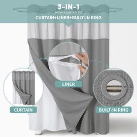 eachope Grey No Hook Waffle Weave Shower Curtain with snap-in Liner Replacement, 230GSM Waterproof Fabric Hotel Shower Curtain Set for Bathroom, Through Mesh Top Window,71Wx74H