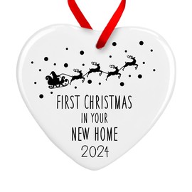 First Christmas in Your New Home Bauble | 1st Xmas New House Ornament Santa Sleigh Tree Decoration | Ceramic Heart Housewarming Gift