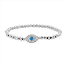 Edforce Stainless Steel Women Evil Eye Ball chain Elastic bracelet with CZ Cubic Zirconia (Opal Silver)