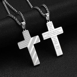 DuoDiner Silver Cross Necklace Pendant for Men Boys Stainless Steel American Flag Chain Bible Verse Isaiah 41:10 Inspirational First Communion Confirmation Sobriety Gift