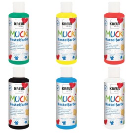 KREUL Mucki 24160 Craft Paint, 6 x 80 ml in White, Yellow, Red, Blue, Green and Black, Children's Paint, Water-based, Paraben-Free, Gluten-Free, Lactose-Free, Vegan, Washable