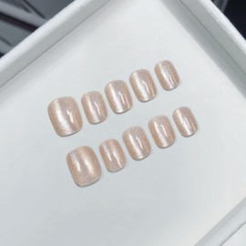 TENPAL Handmade Cat Eye Press on Nails Short Full Cover Champagne Cat Eyes Gel Fake Nails With Glue 10pcs/Box Acrylic Glitter Glossy False Nails Round Head Reusable Stick on Nails For Women Girls(XS)