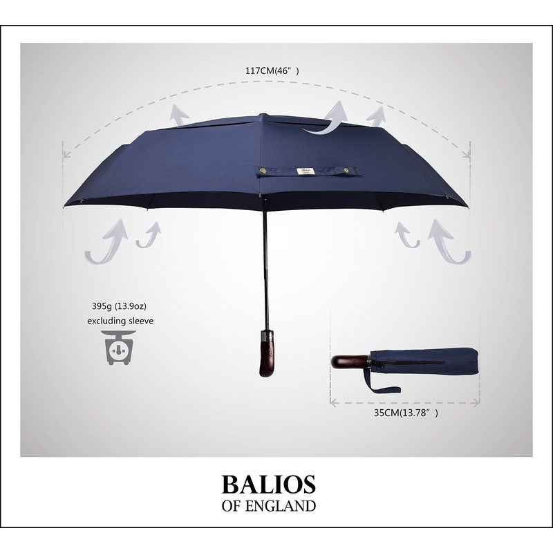 Balios Travel Umbrella Wood Handle Auto Open Close Vented Canopy