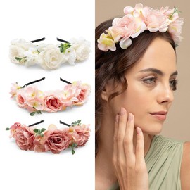 Radhu & Kabby Floral Tiara Hairband for Women | Peach, Pink & White Flower Crown Headband | Perfect for Photoshoots & Special Occasions | Adjustable Hair Accessory | 3 Pcs