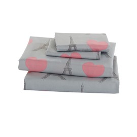 Linen Plus Sheet Set for Girls Teens Paris Eiffel Tower Hearts Grey Pink Flat Sheet Fitted Sheet and Pillow case Twin Size New
