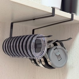 2 Pack Tumbler Lid Organizer for Yeti Tumbler Lids Storage & Organization, Space Saving Cup Lid Holder Hook Up to 10 Lids, Under Cabinet Kitchen Paper Towel Rack Hanger, No Adhesive No Drilling, Black