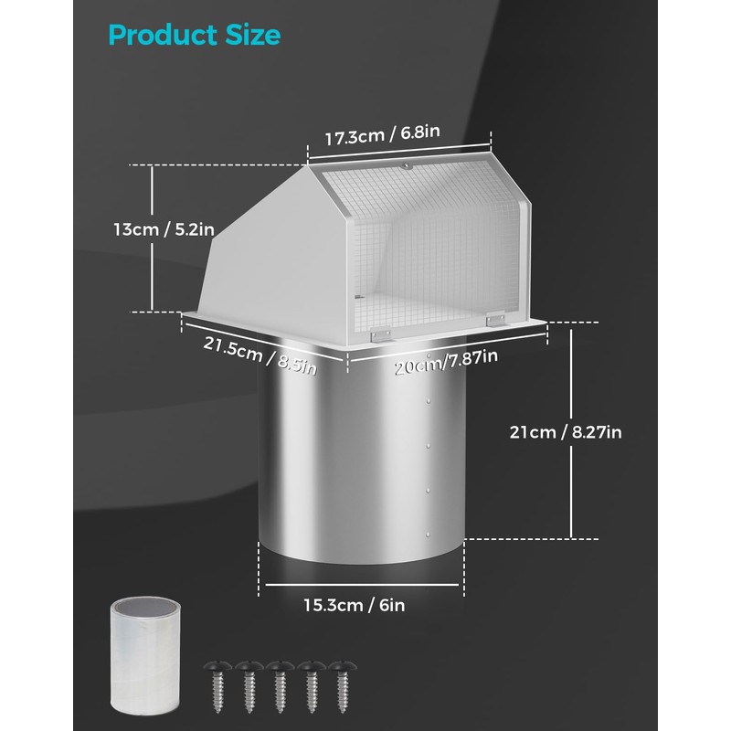 6 Inch Hooded Wall Vent Cover with Screen & Damper