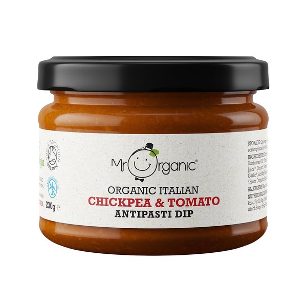 Mr Organic Chickpea & Tomato Antipasti Dip - Organic Ingredients - Delicious Snacking Option - Flavourful Vegan-Friendly Dip - 230g