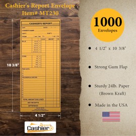 1000 Cashier Depot MT230 Cashier's Report Envelope, 4 1/2" x 10 3/8", Brown Kraft 24lb, 500/Box (1000 Envelopes)