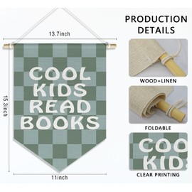 DSHFG Cool Kids Read Books Wall Hanging Canvas Banner, Retro Green and Grey Checkered Hanging Pennant Flag Posters Prints for Kids Room Classroom Reading Room Corner Decor, 15x11in