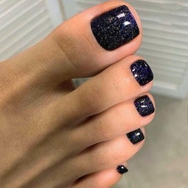 Glitter Dark Blue Press on Toenails for Women, Shimmer Fake Toenail Press ons Short Square Acrylic Press on Toe Nails, Reusable Navy Blue Toenails Glue on Natural Seamless Fit, 24Pcs Glue Toenails