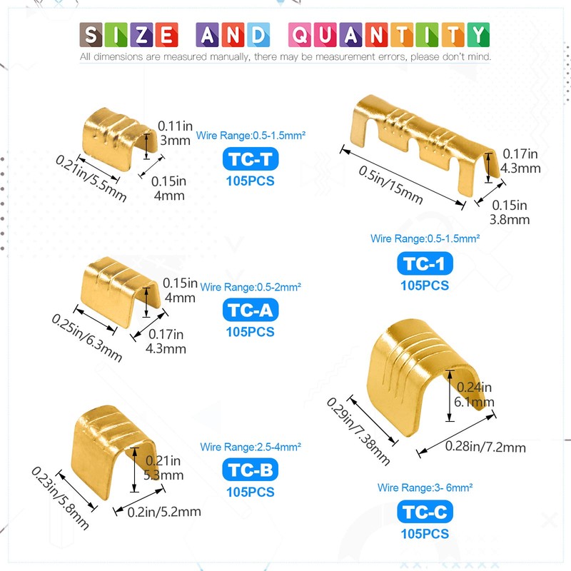 Glarks 525Pcs U Shape Copper Wire CrimpTerminal Assortment Set Non-Insulated