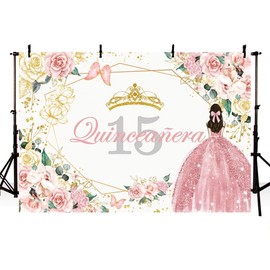 AIBIIN 7x5ft Quince Anera 15th Birthday Photography Backdrop Pink Flower Gold Dot Sparkle Dress Crown Indoor Party Decoration Banner Photo Stand Studio