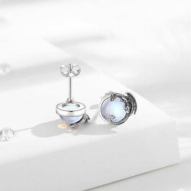 INFUSEU Dragon Earrings for Women Teens Sterling Silver Moonstone Stud Earings Round Vintage Cute Cool Emo Viking Animal Gothic Goth Jewelry Unique Gifts