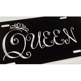 Queen Crown Car Diamond Etched Engraved on Black Aluminum Metal License Plate