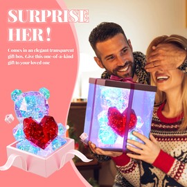 Aladdinas LED Teddy Bear Night Light, Holographic Iridescent Design, Nursery Decor Display Box with Ribbon (Red Heart, Small)