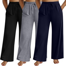 Neer 3 Pack Women's Plus Size Pants Wide Leg Lounge Yoga Pants Casual Baggy Drawstring High Waist Sweatpants with Pockets (US, Alpha, 3X-Large, Regular, Regular, Light Gray, Navy Blue, Black)