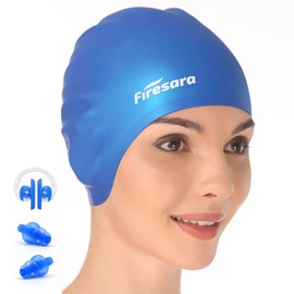 Swim Cap, Firesara Original Updated Swimming Cap 3D Ergonomic Design Comfortable Durable Ear Protection for Women Kids Adults Men Boys Girls for Long or short Hair with Nose Clip and Ear Plugs (Blue)