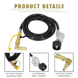 MCAMPAS 8FT Low Pressure Propane Regulator with Hose Plus 1/4" Quick Connect Propane Elbow Adapter Converter for 17" and 22" Blackstone Tabletop Camper Grill
