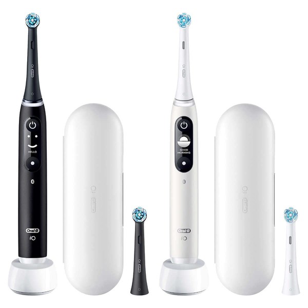 Oral-B iO Ultimate Clean Rechargeable Battery Powered Toothbrush 2-Set Incl. 2 Handles, 2 Chargers, 4 Brush Heads, 2 Travel Cases & Bluetooth (Black + White)