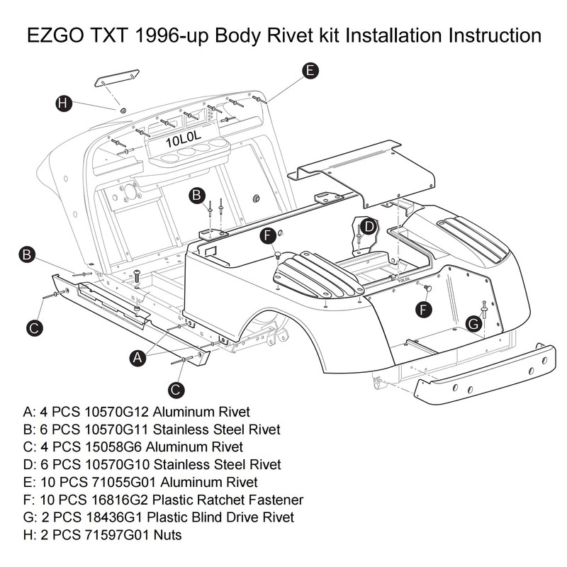 10L0L Golf Cart Ezgo Rivet Kit 44 Pcs Complete Body