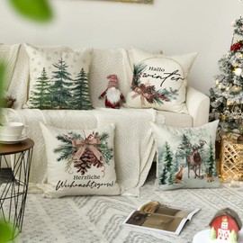 Artoid Mode Holly Pine Cones Reindeer Tree Warm Christmas Cushion Covers Set of 4 45 x 45 cm Hello Winter Decorative Cushion Cover Couch Living Room Decoration