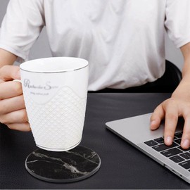 Coasters for Drinks 6 Piece with Holder Marble Texture Round Cup Mat Pad Set of Home and Kitchen Use (Marble Black)