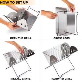 ZONETECH Portable Camping Stainless-Steel Grill and Fire Pit, Tabletop Charcoal Grill, Flatpack Foldable, Premium Quality, Versatile Use, Traveling BBQ Grill, Great for Camping, Hiking, Picnics