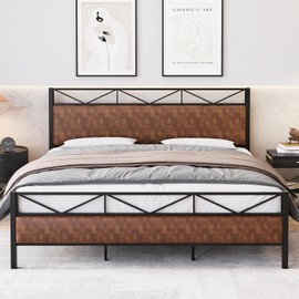 IDEALHOUSE King Size Bed Frame with Headboard, Industrial Platform Upholstered King Bed Frame with 14 Strong Metal Slats Support, 11'' Under-Bed Storage, No Noise, Easy Assembly, Brown