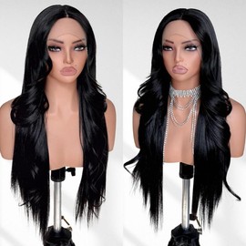 FABÉLLE 26Inch 13×4×1 Middle part Lace Front Wigs Mixed Wavy and Straight Glueless Synthetic Wigs Beginner Friendly for Women - color: Natural Black