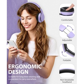 Rockpapa E7 Bluetooth Headphones Over Ear, Wireless Headphones with Microphone & HiFi Stereo, Foldable, Lightweight, Wireless Wired Headphones for School/Work/Phone/PC/TV, Black Purple