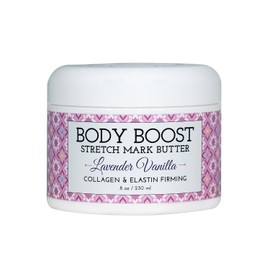 Body Boost - Mantequilla elástica de lavanda y vainilla (8 onzas), tratamiento de estrías y cicatrices, seguro para embarazo y lactancia, con manteca de karité