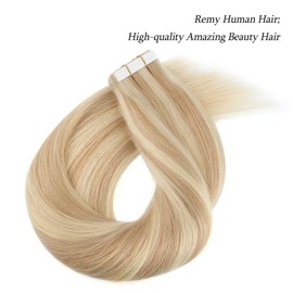 ABH AmazingBeauty Hair Highlights Tape in Hair Extensions Real Remy Human Hair 50g 20pcs Pre Taped Sun Kissed Skin Weft, Invisible, Seamless, Dark Dirty Blonde with Platinum Ash Blonde P12-60, 18 Inch