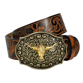 TRIWORKS Men's Western cowboy belt Classic embossed leather belts with Printed Engraved Buckle