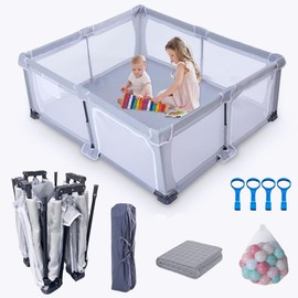 Nvlirun 59"x71" Foldable Baby Playpen，Playpen for Babies with Mat，Foldable playpen with Door，Indoor and Outdoor Portable Play Yard with 4 Handlers and 30 Balls (Light Gray, Foldable 59"x71" with Mat)