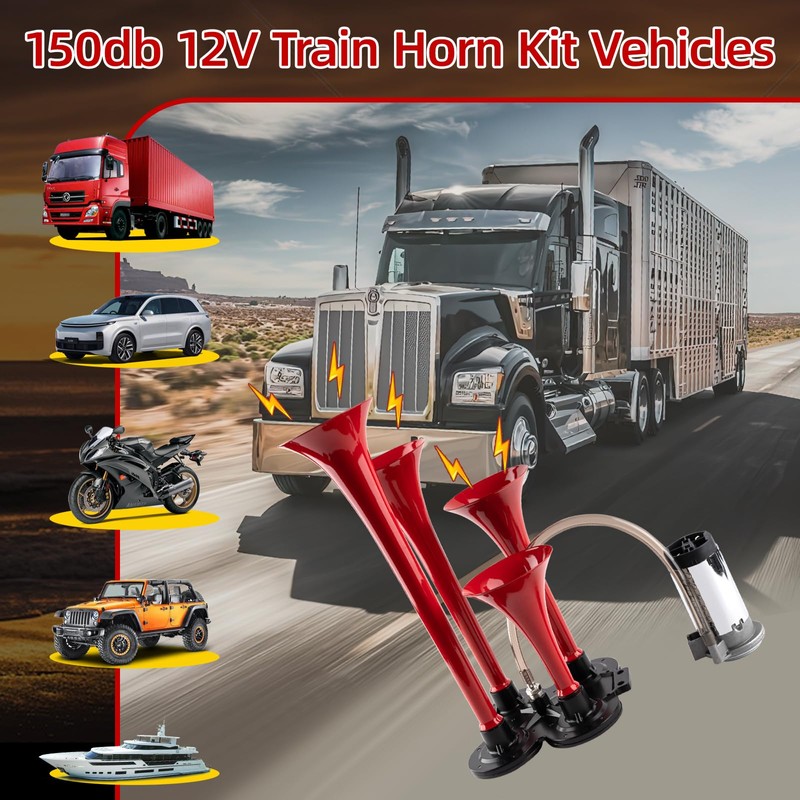 150db 12V Train Horn Kit，Red 4 Speakers， Air Horn With