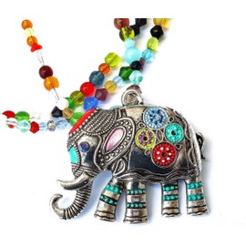 Colorful 26 Inch Long Large Silver Plated Elephant Pendant Multicolor Glass Beads Beaded Necklace with Hand Painted Accents Boho Jewelry for Women